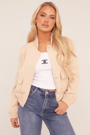 Beige Pocket Detail Bomber Jacket - Estelle