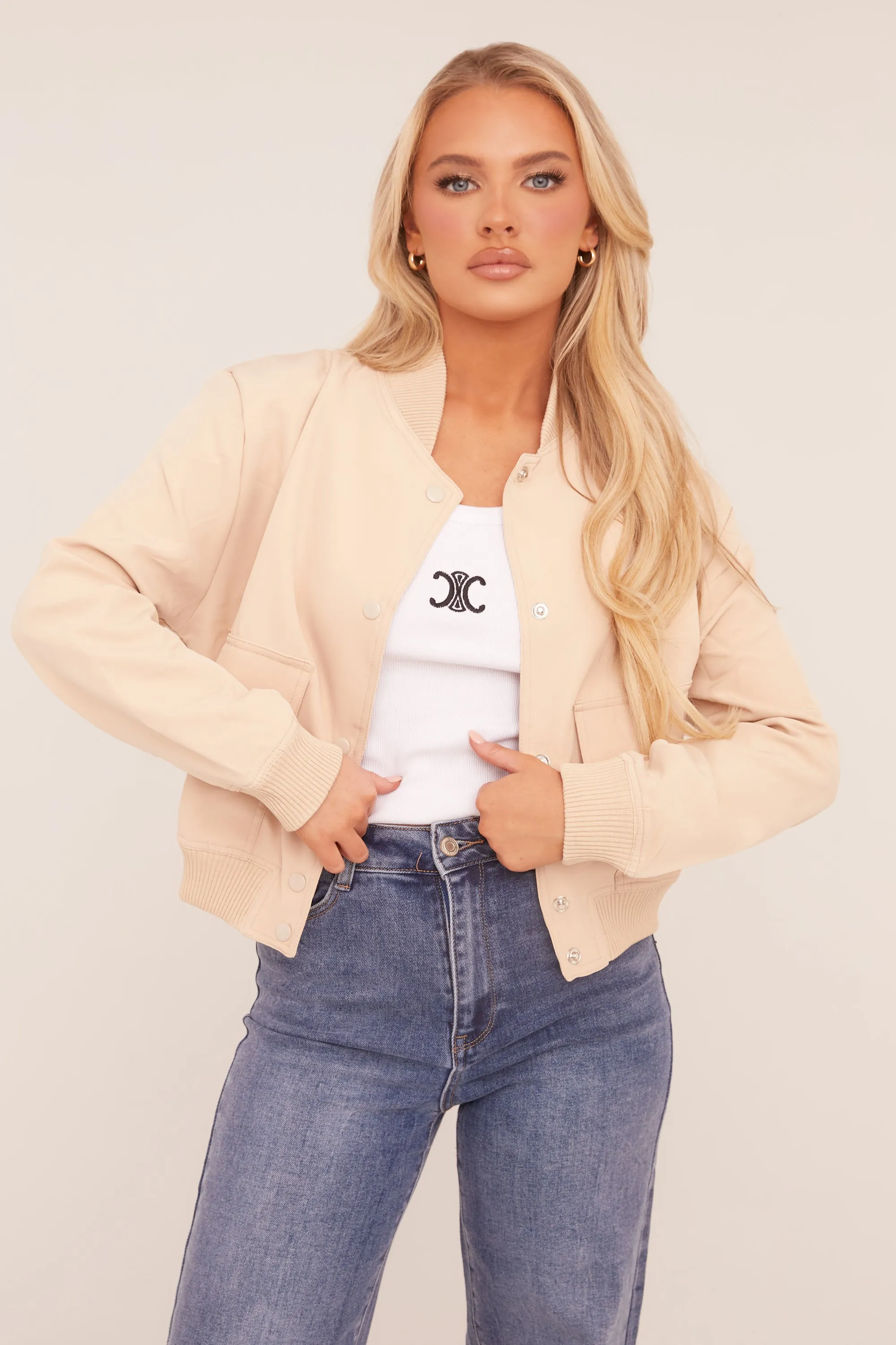 Beige Pocket Detail Bomber Jacket - Estelle