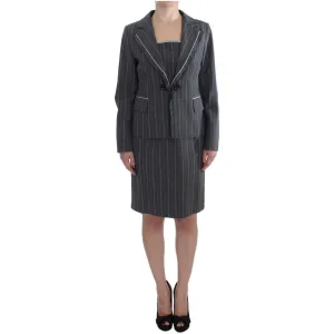 BENCIVENGA Elegant Gray Striped Dress & Blazer Suit Set