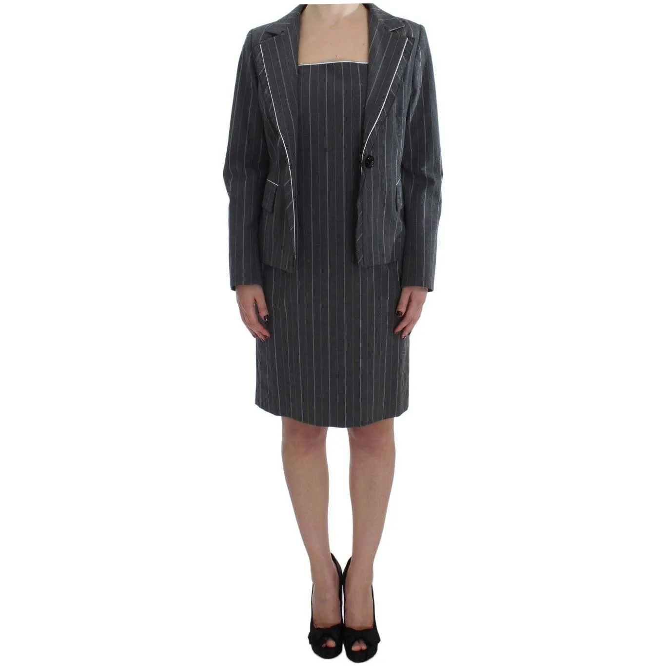 BENCIVENGA Elegant Gray Striped Dress & Blazer Suit Set