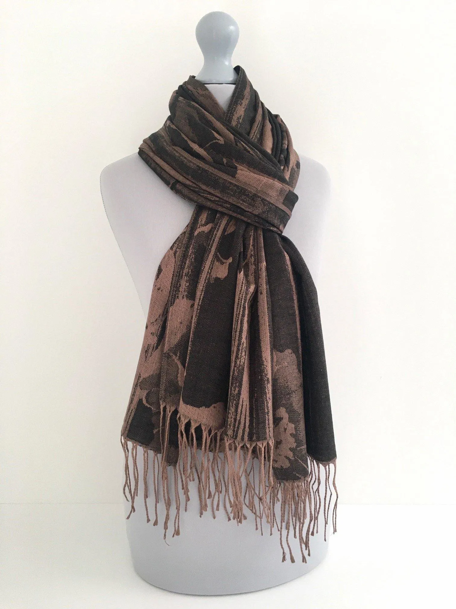 BLACK BRONZE REVERSIBLE PASHMINA SHAWL SCARF IN ABSTRACT FLORAL PRINT