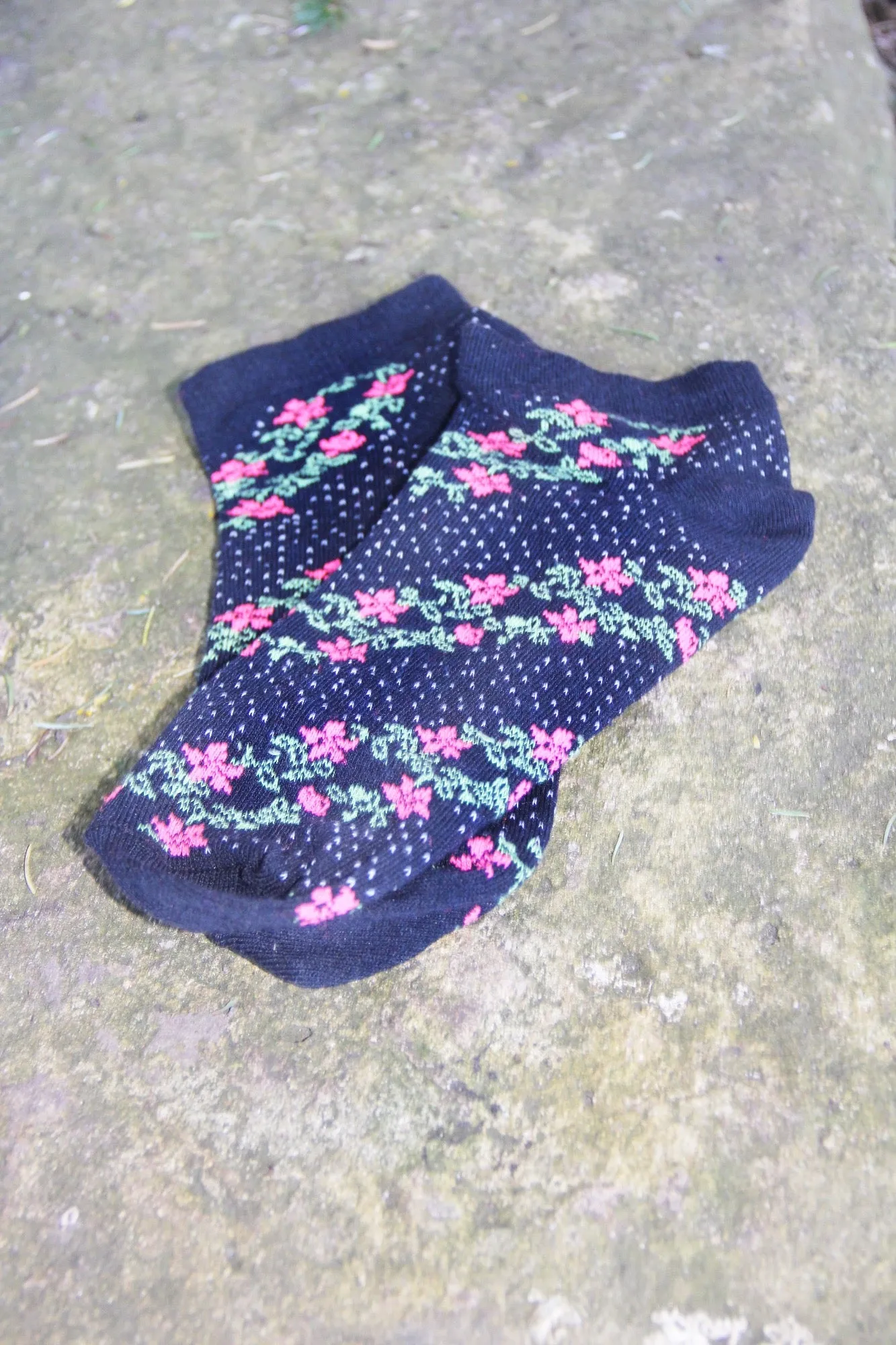 Black Flower Print Short Ankle Socks