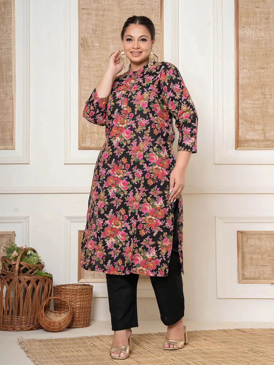 Black Kantha_Work Cotton Plus Size Kurta And Pant Set