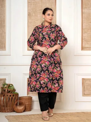 Black Kantha_Work Cotton Plus Size Kurta And Pant Set