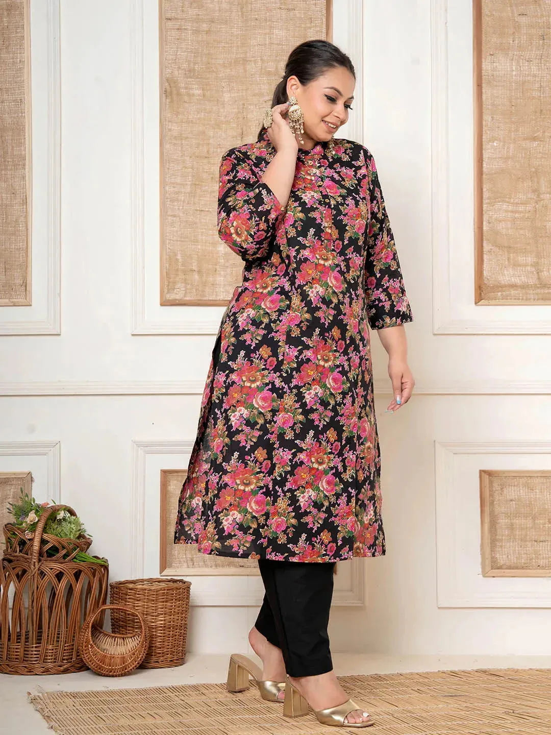 Black Kantha_Work Cotton Plus Size Kurta And Pant Set