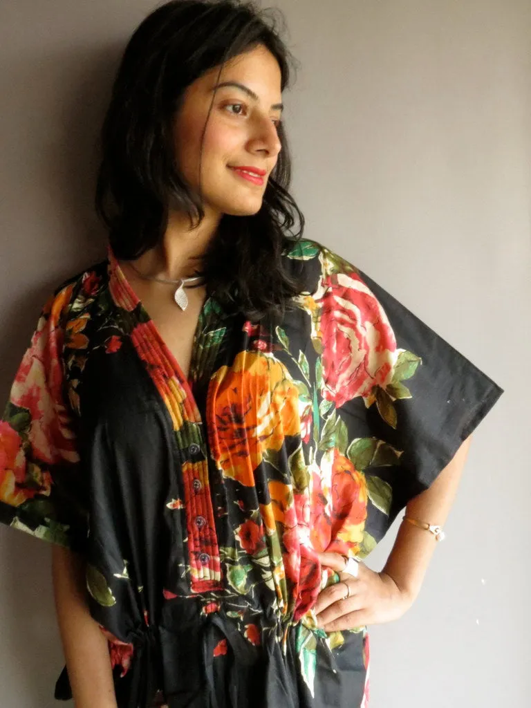 Black Large Floral Blossom V-Neck Button Down to Waist, Ankle Length, Cinched Waist Caftan