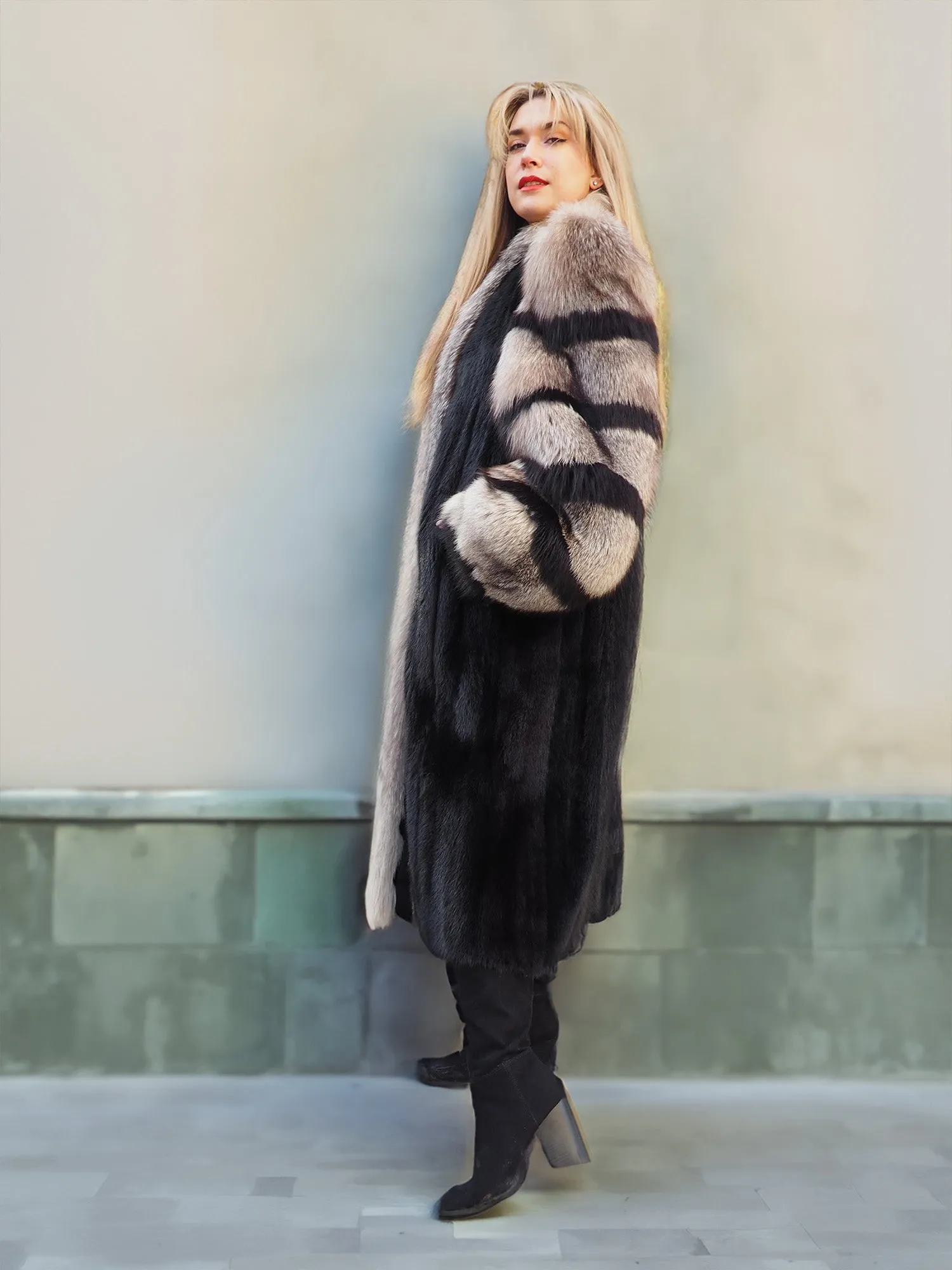 Black Mink Coat With Indigo fox Sleeves And Collar M/L