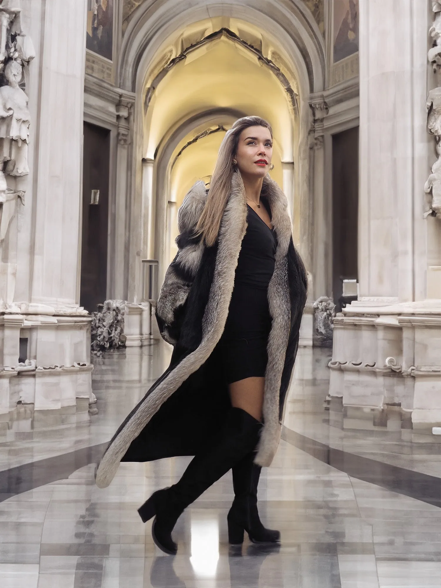 Black Mink Coat With Indigo fox Sleeves And Collar M/L