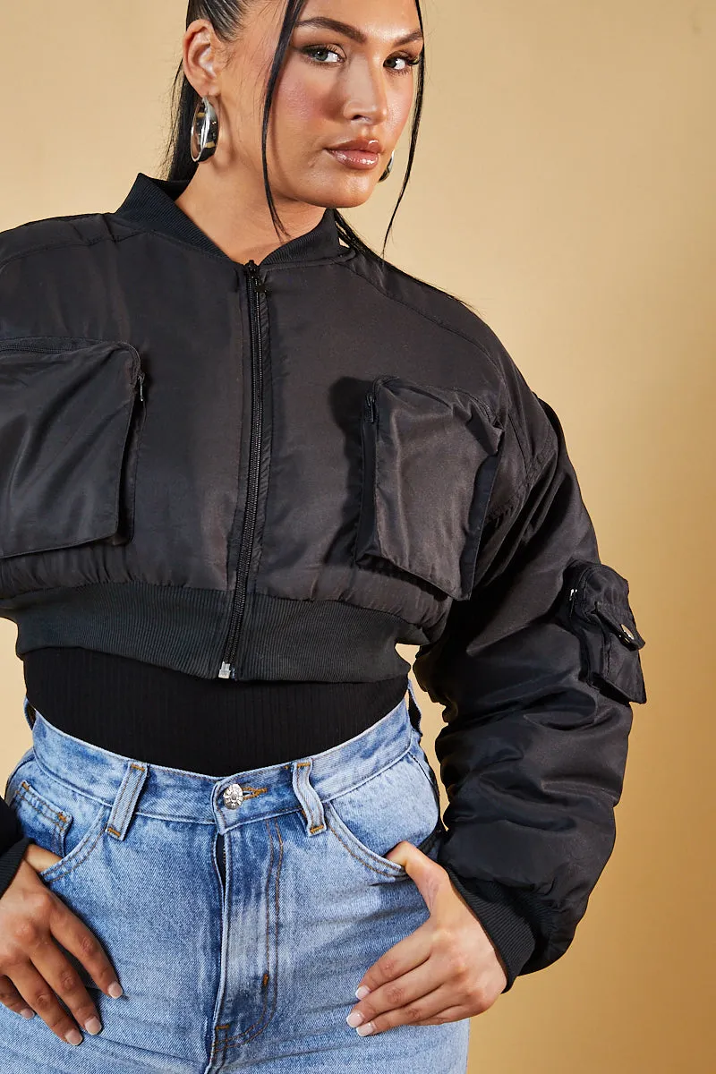 Black Pocket Detail Cropped Bomber Jacket - Reagan