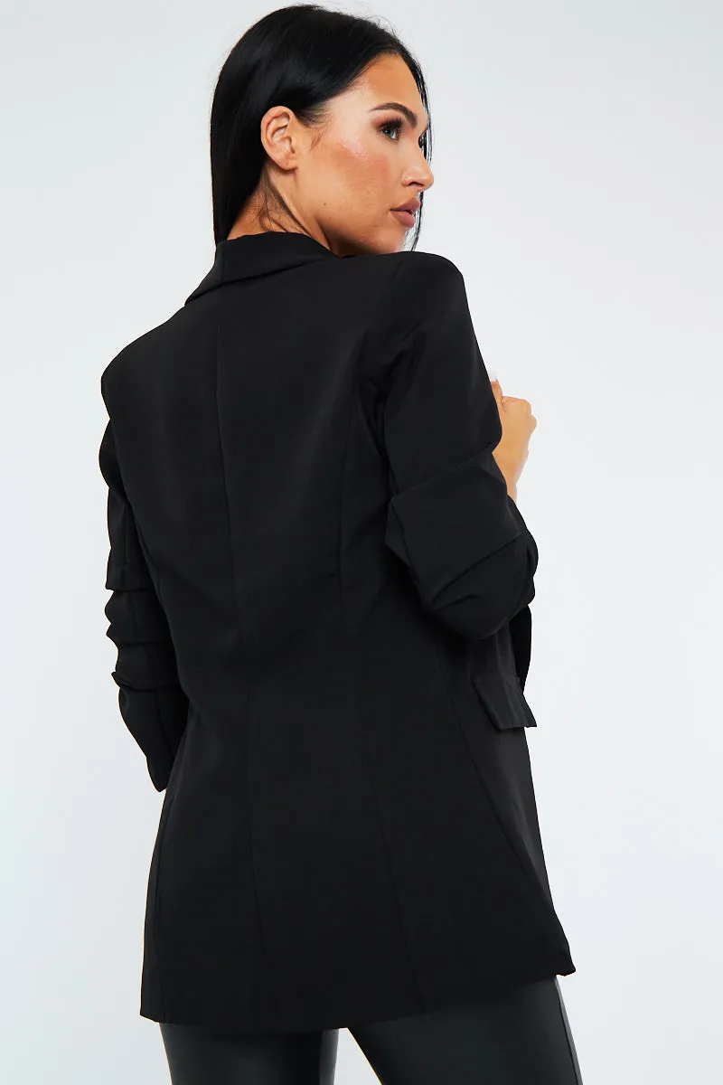 Black Ruched Sleeves Blazer - Hurain