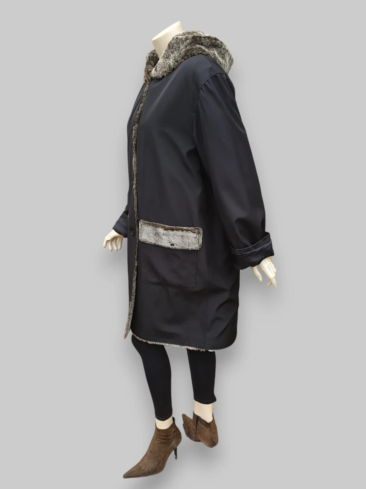 Black Two-Tone Shearling Lined Raincoat -Size 44