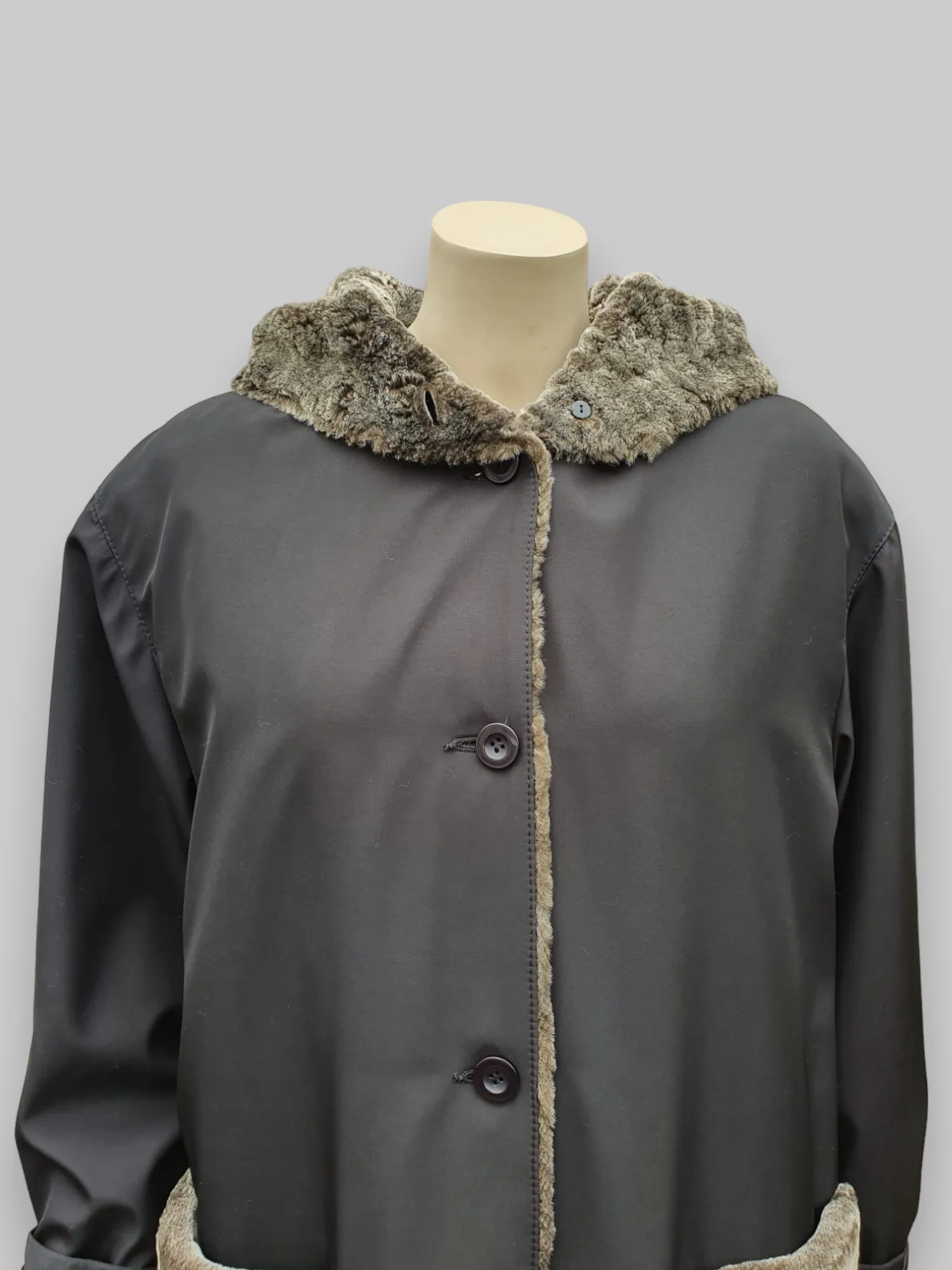 Black Two-Tone Shearling Lined Raincoat -Size 44