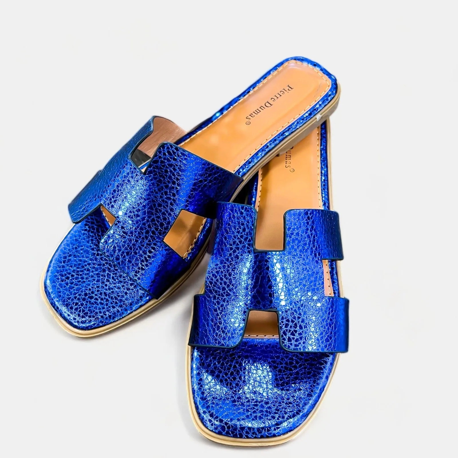 Blue Metallic Slip On Sandals