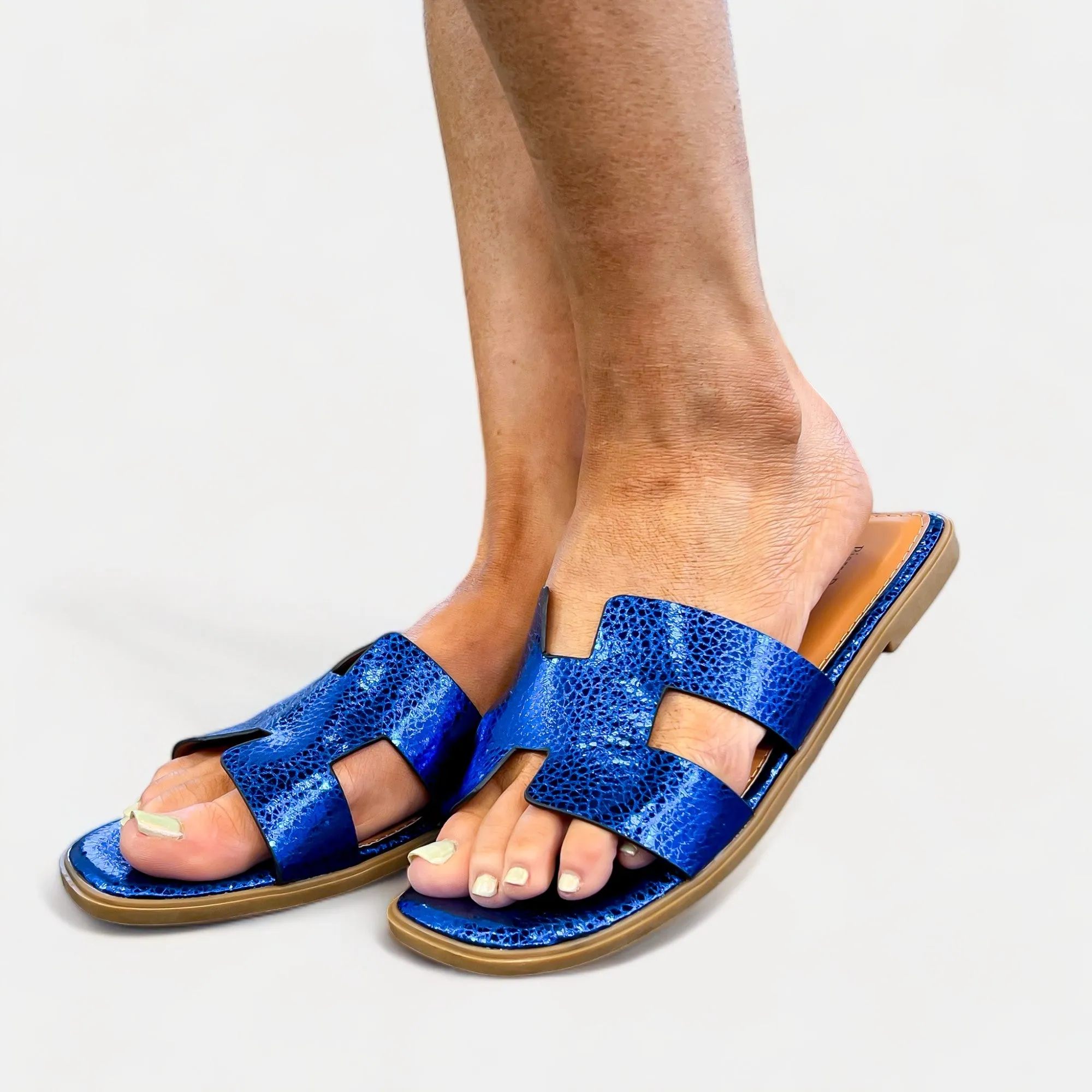 Blue Metallic Slip On Sandals