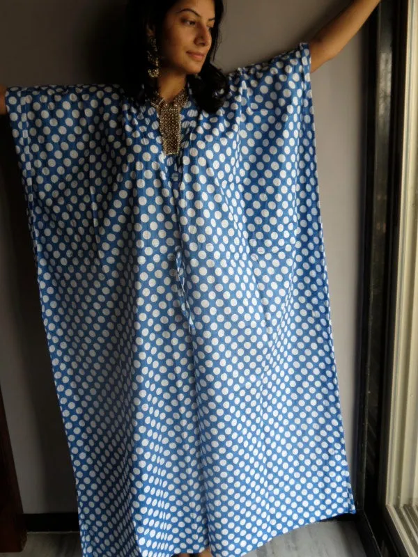 Blue White Polka Dots V-Neck, Ankle Length, Cinched Waist Caftan