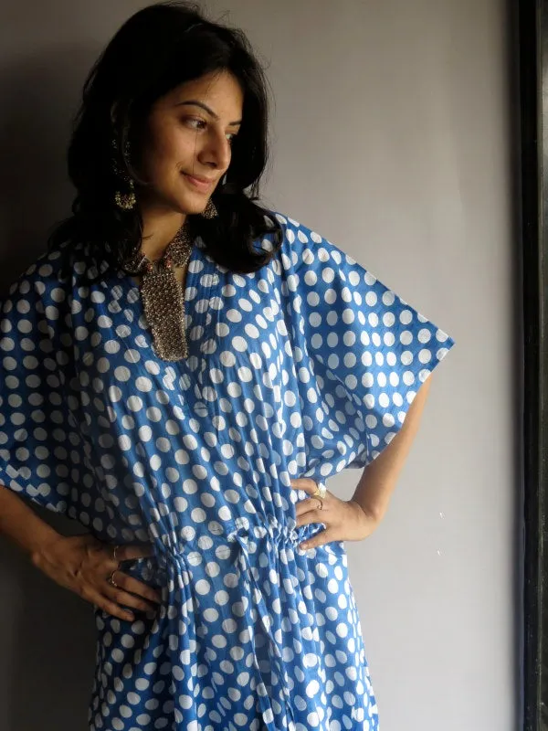 Blue White Polka Dots V-Neck, Ankle Length, Cinched Waist Caftan