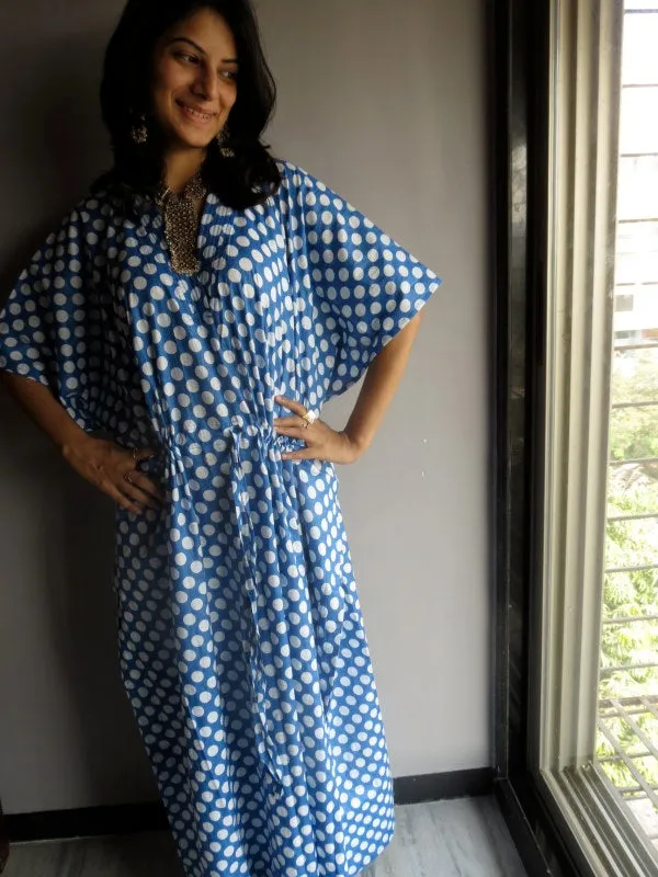 Blue White Polka Dots V-Neck, Ankle Length, Cinched Waist Caftan