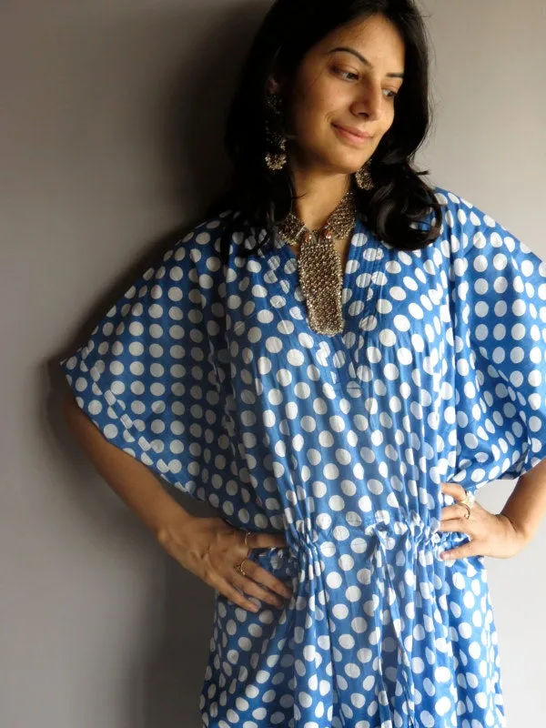 Blue White Polka Dots V-Neck, Ankle Length, Cinched Waist Caftan