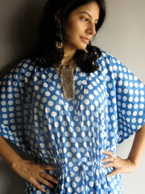 Blue White Polka Dots V-Neck, Ankle Length, Cinched Waist Caftan