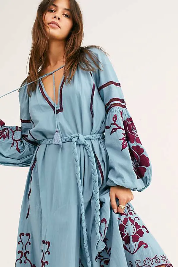 Bohemian Retro Cotton Maxi Dress with Floral Embroidery