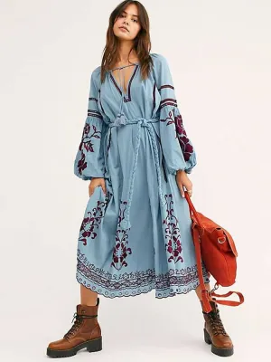 Bohemian Retro Cotton Maxi Dress with Floral Embroidery