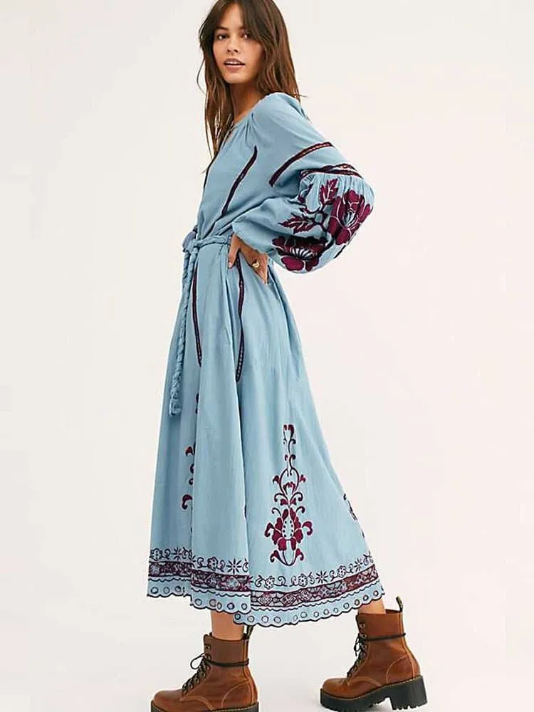 Bohemian Retro Cotton Maxi Dress with Floral Embroidery