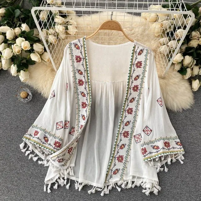 Boho Embroidered Tassel Cardigan for Women - Lightweight, Floral Pattern, 9-Quarter Sleeves (Sizes S-XXL)