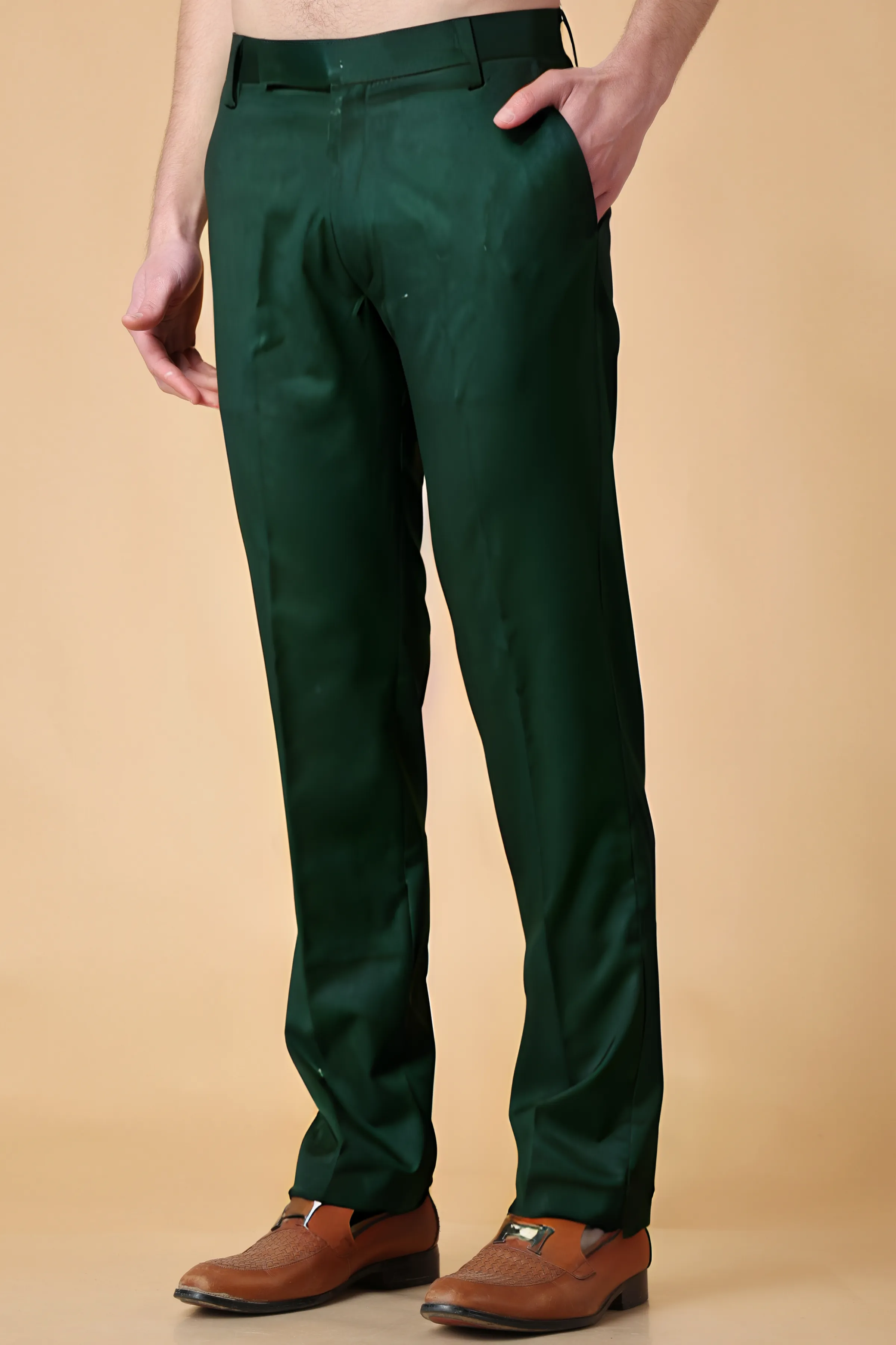 Bottle Green Solid Stretch Trousers