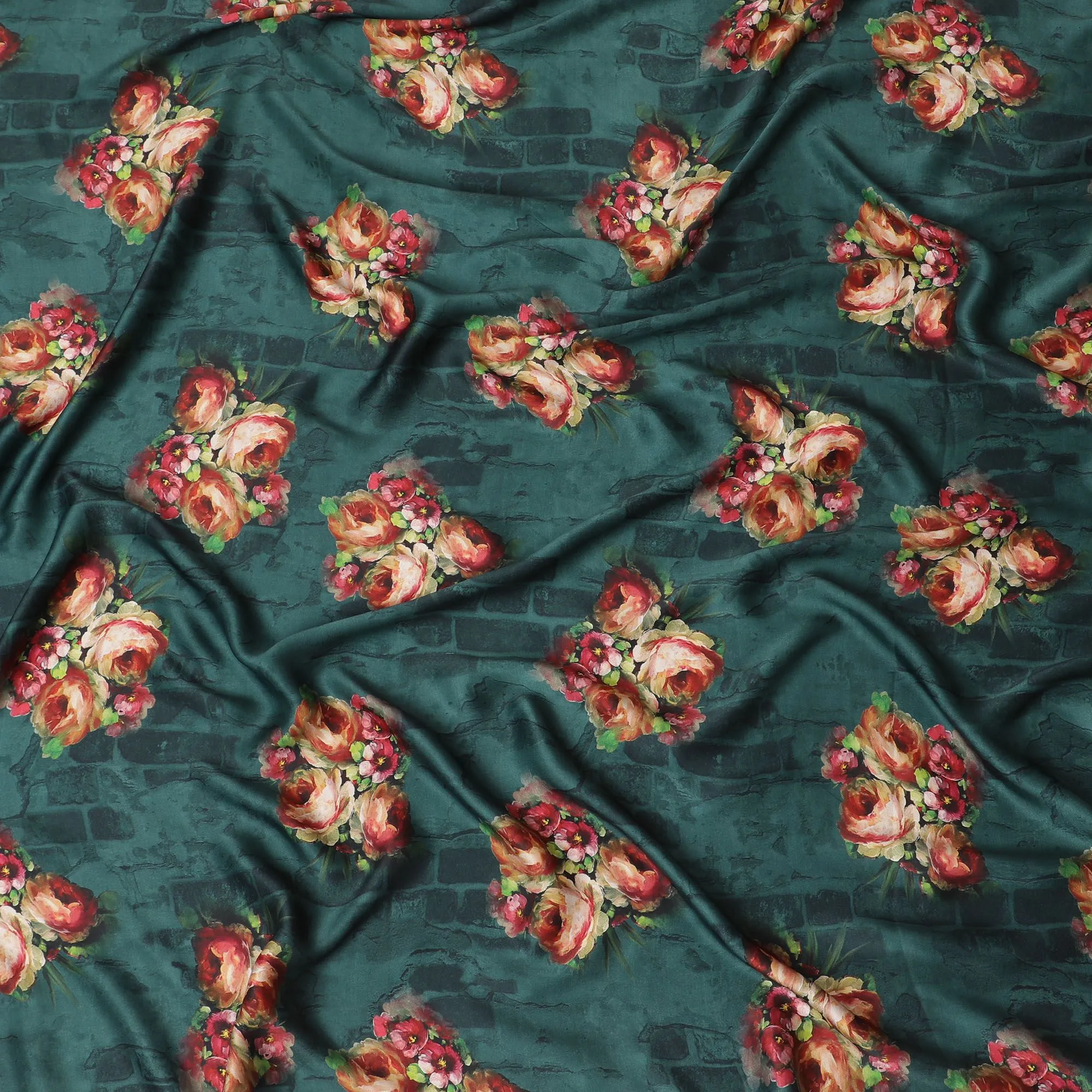 Bottle green synthetic satin fabric with multicolor print in floral design-D16846