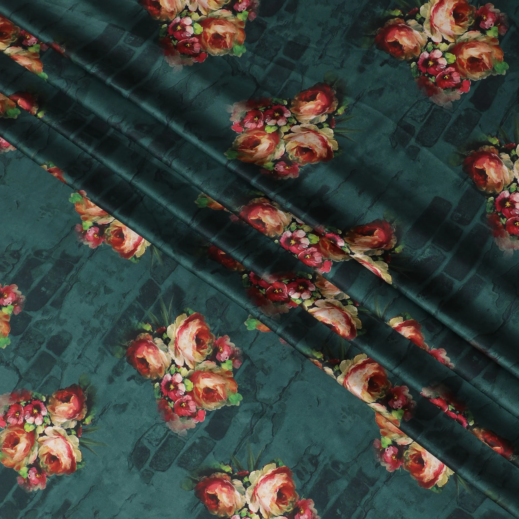 Bottle green synthetic satin fabric with multicolor print in floral design-D16846