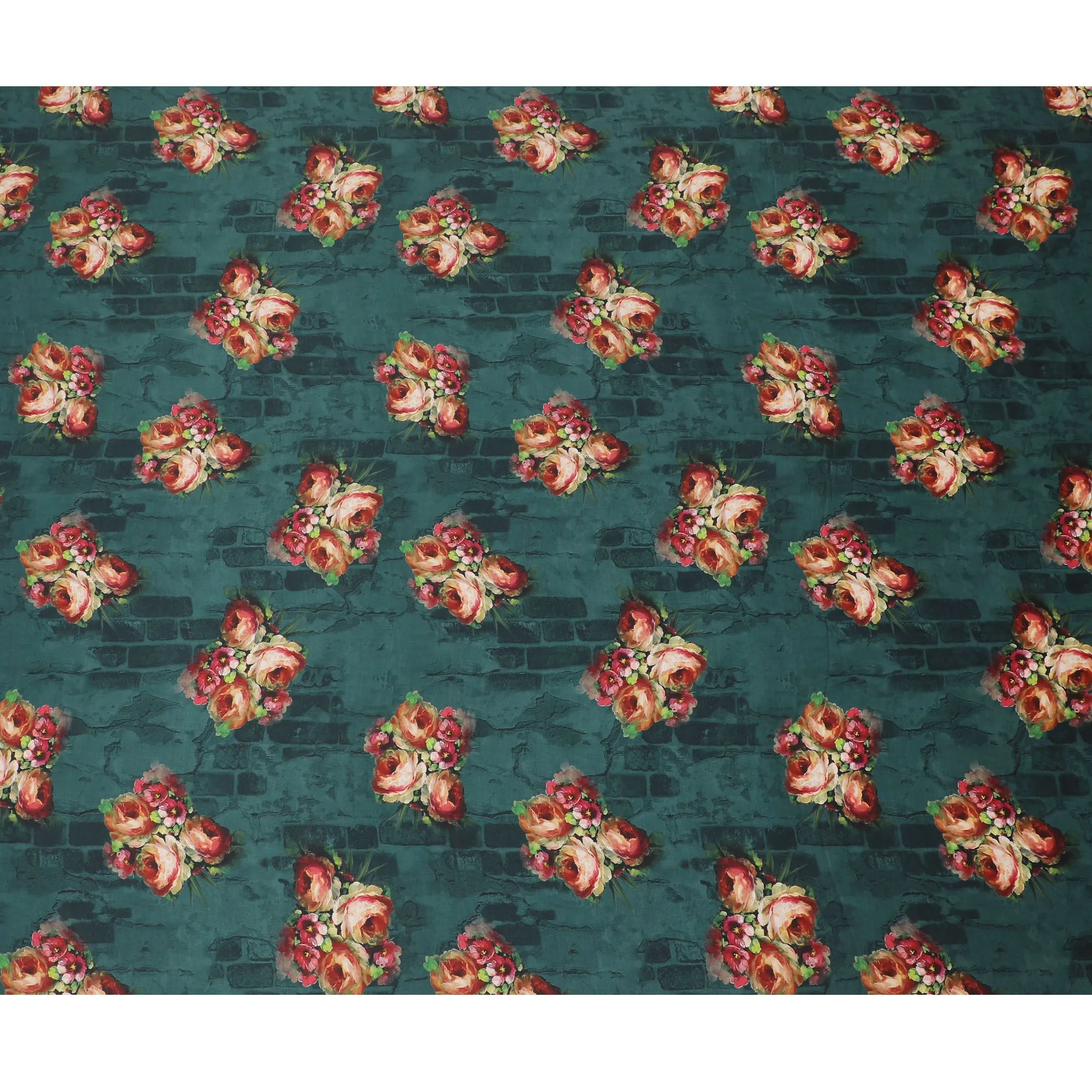 Bottle green synthetic satin fabric with multicolor print in floral design-D16846