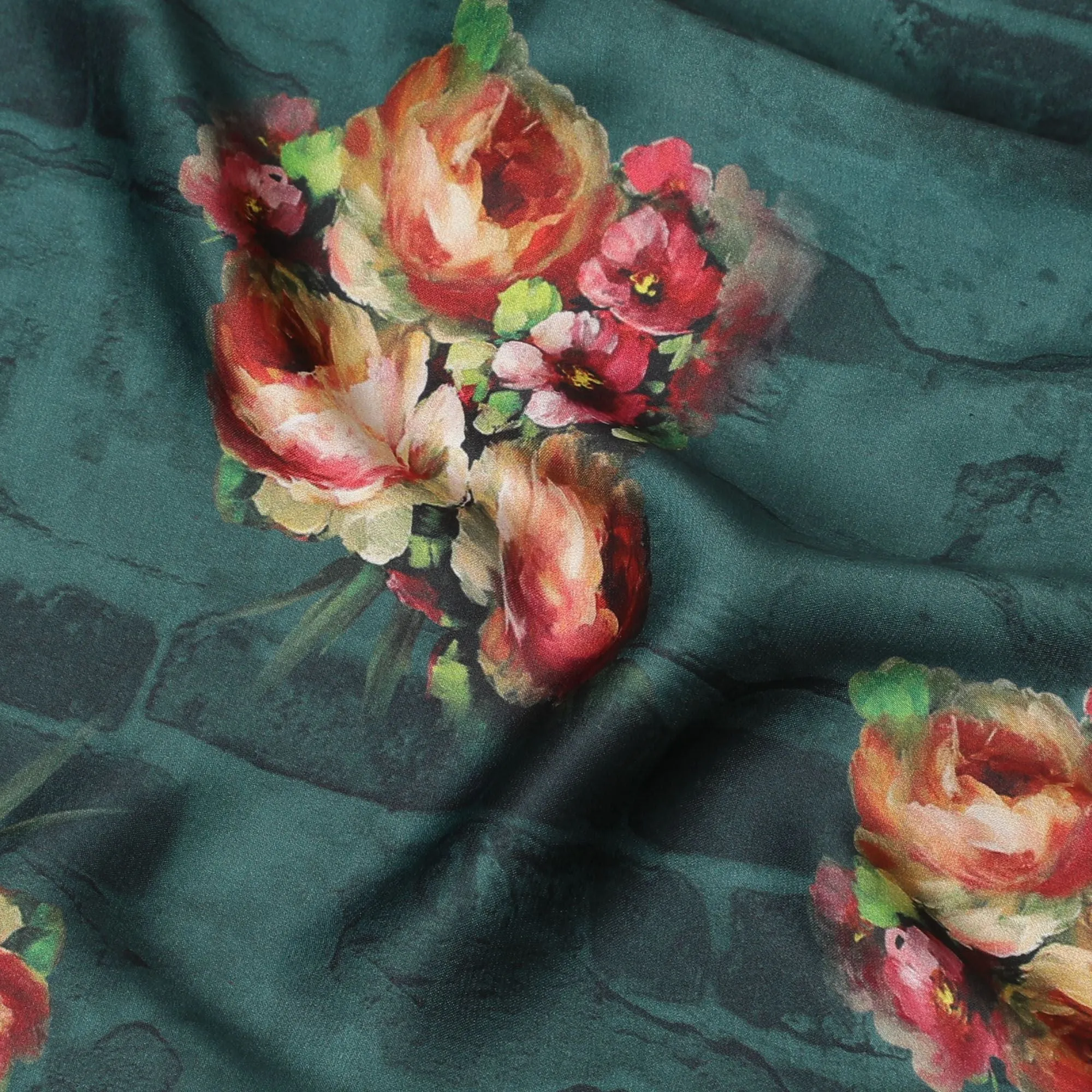 Bottle green synthetic satin fabric with multicolor print in floral design-D16846