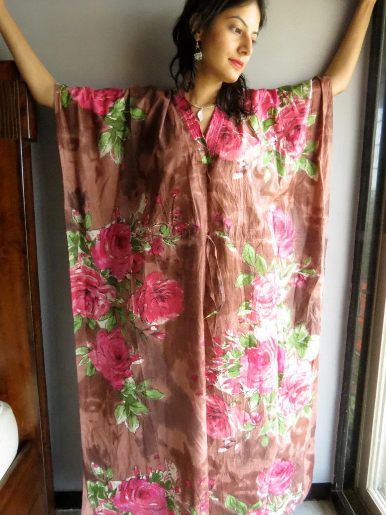 Brown Fuchsia Large Floral Blossom V-Neck, Ankle Length, Cinched Waist Caftan