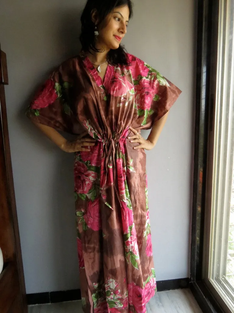 Brown Fuchsia Large Floral Blossom V-Neck, Ankle Length, Cinched Waist Caftan