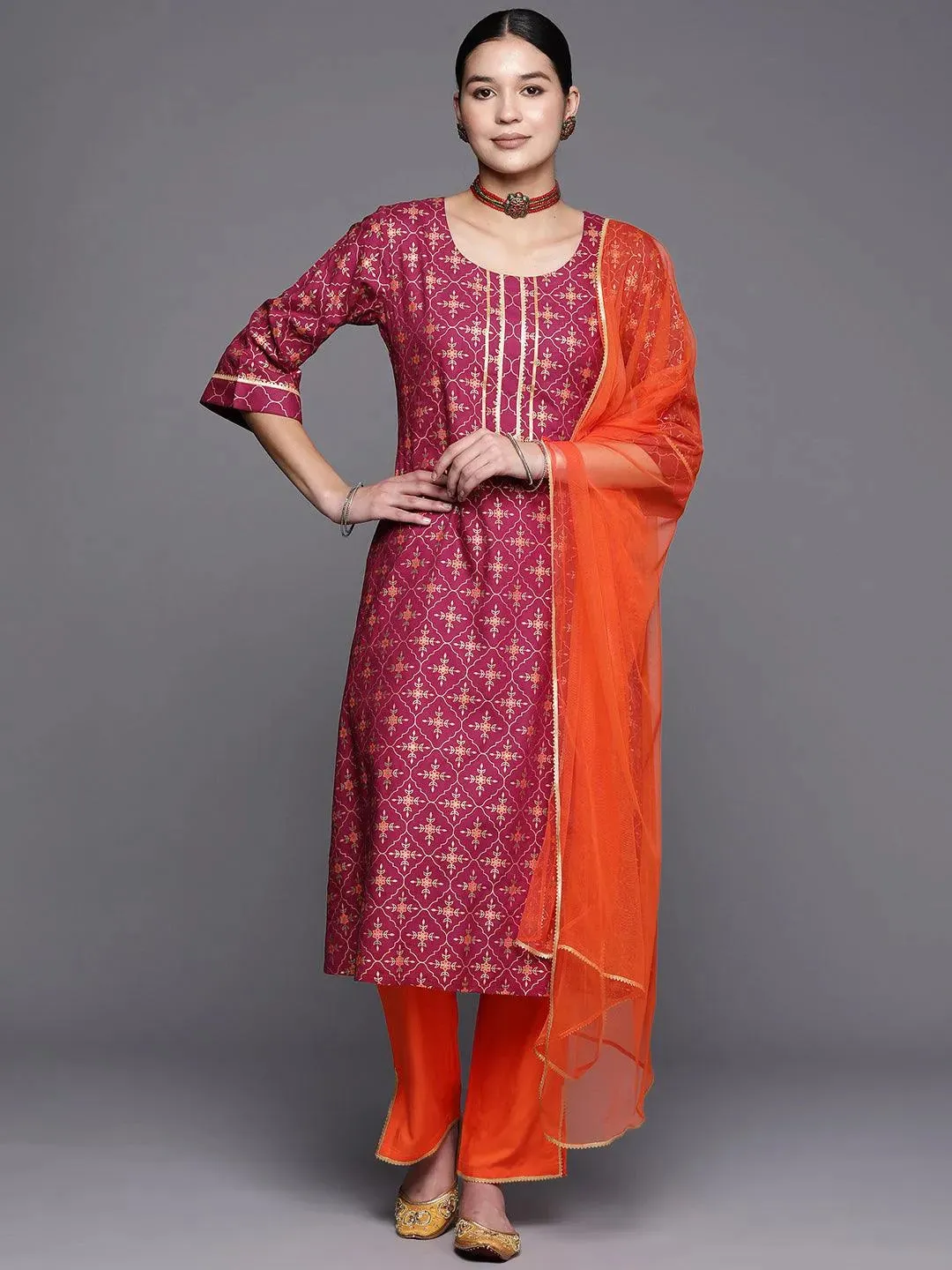 Burgundy Printed Rayon A-Line Kurta With Dupatta