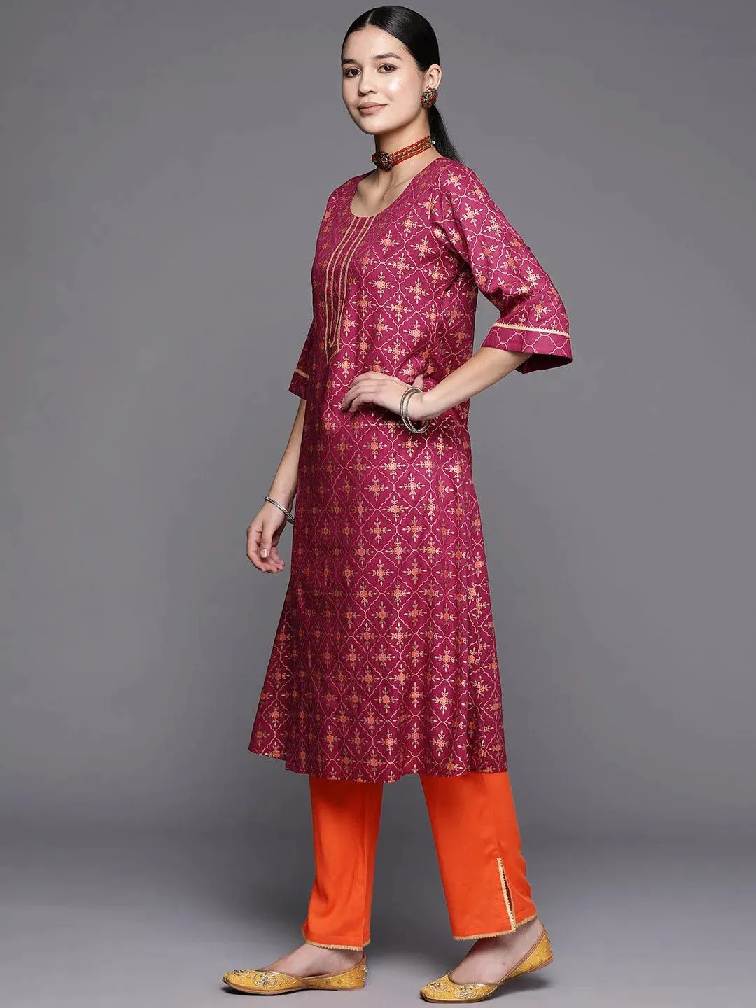 Burgundy Printed Rayon A-Line Kurta With Dupatta