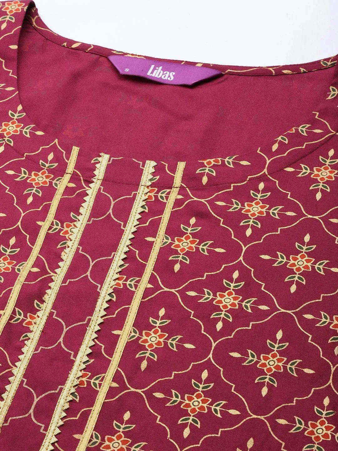 Burgundy Printed Rayon A-Line Kurta With Dupatta