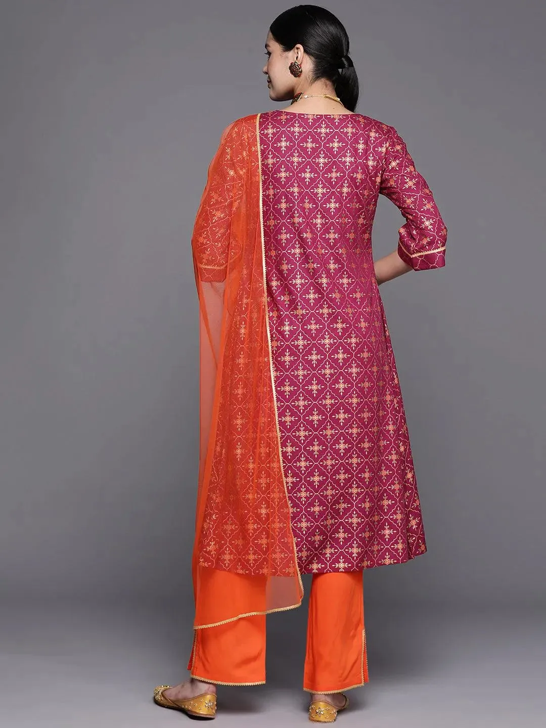 Burgundy Printed Rayon A-Line Kurta With Dupatta