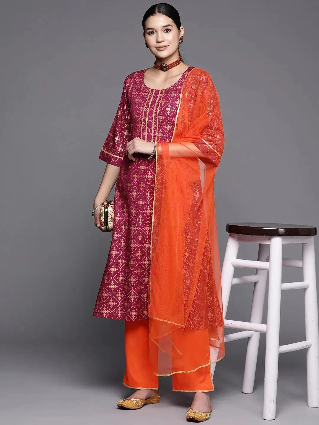 Burgundy Printed Rayon A-Line Kurta With Dupatta