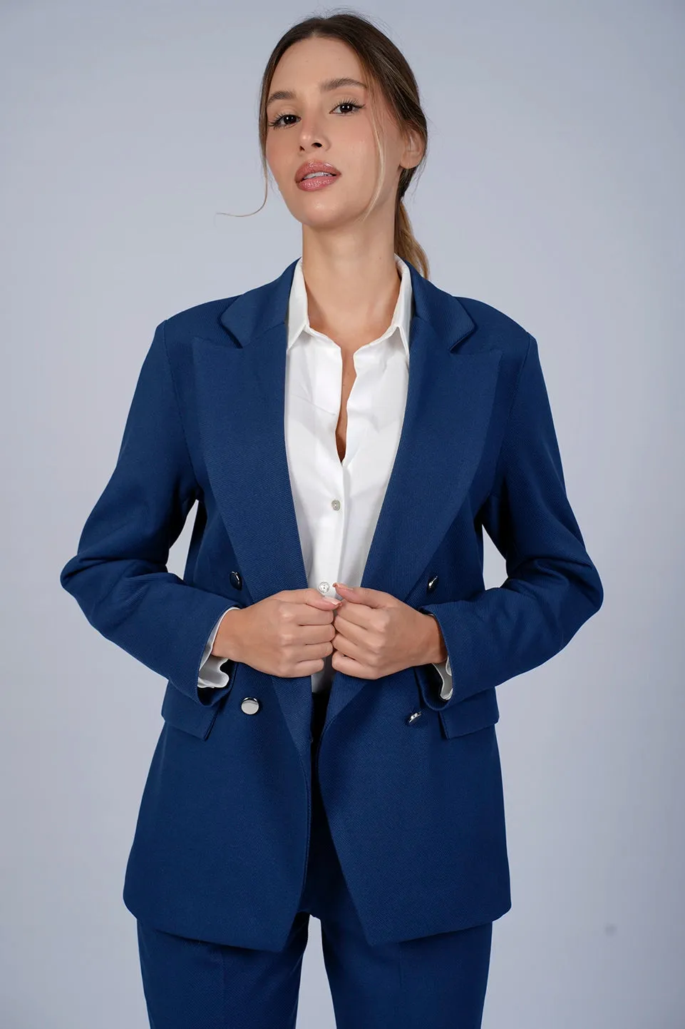 Business Indigo Blazer With Double Breasted Flap