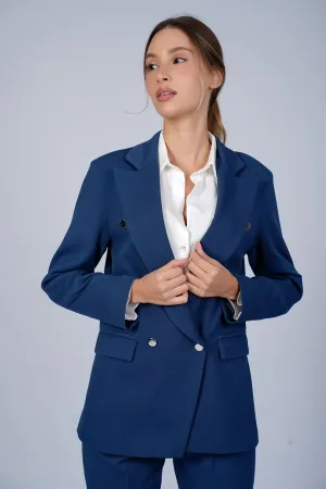 Business Indigo Blazer With Double Breasted Flap