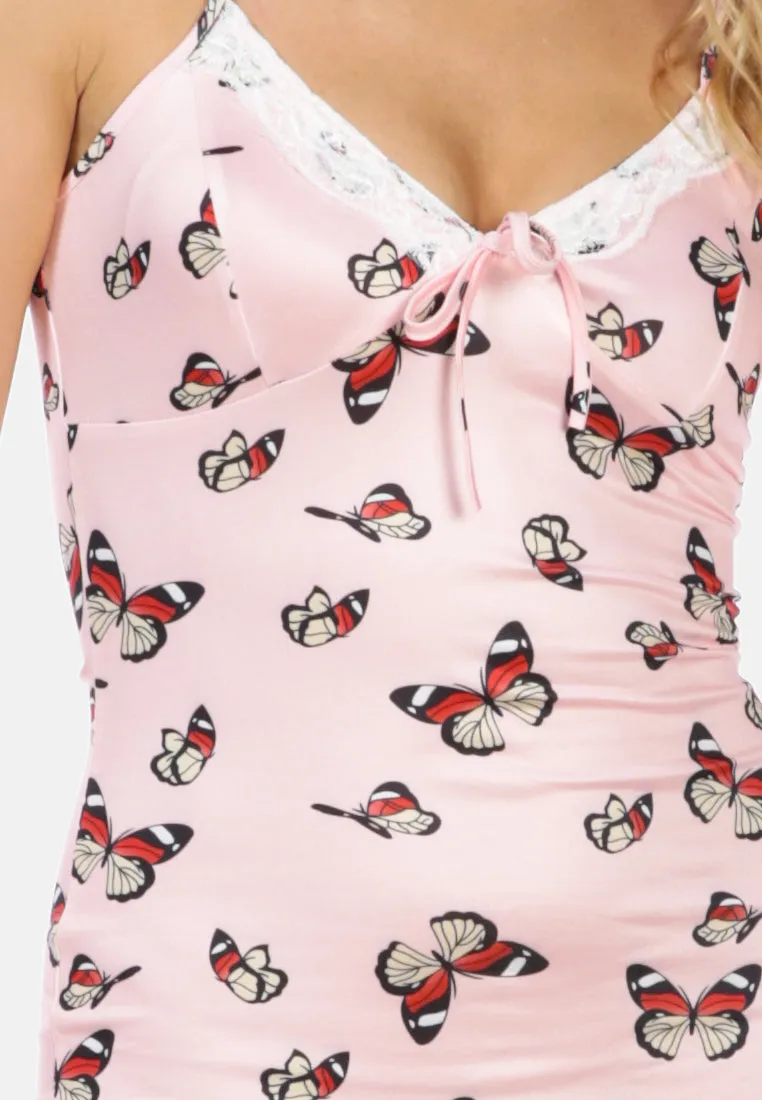 Butterfly Print Spaghetti Evening Slip Dress