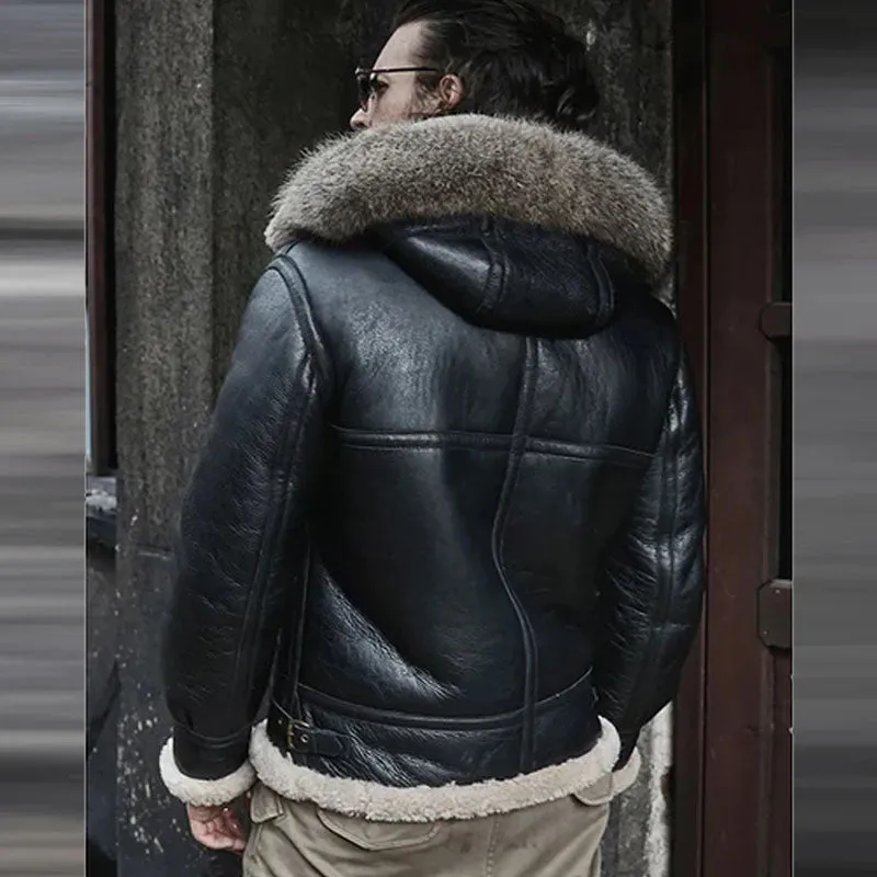 Buy Men's Hooded RAF Aviator B3 Sheepskin Black Leather Shearling Jacket