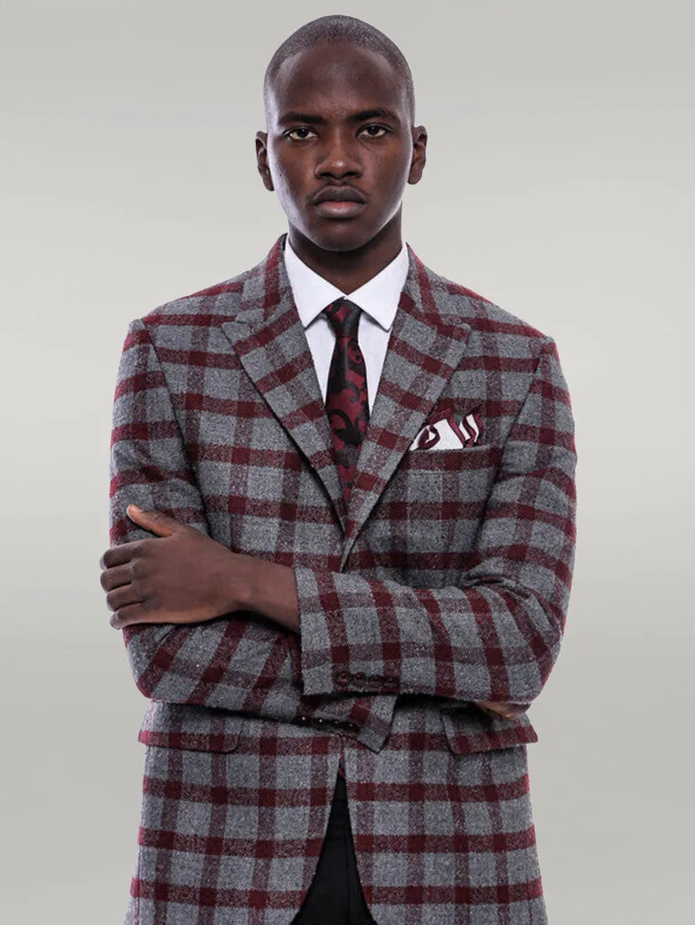 Checked Peak Lapel Slim-Fit Burgundy Men Blazer - Wessi