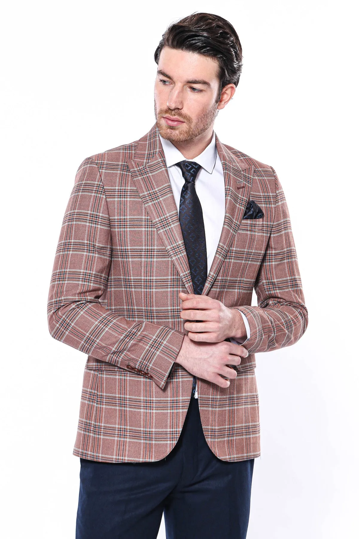 Checked Single Button Burgundy Men Blazer - Wessi