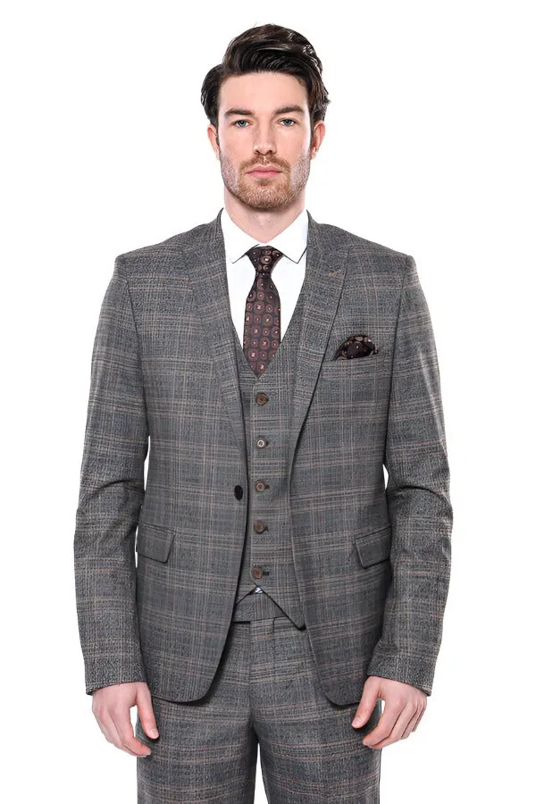 Checked Slim-Fit Dark Grey Men Blazer - Wessi