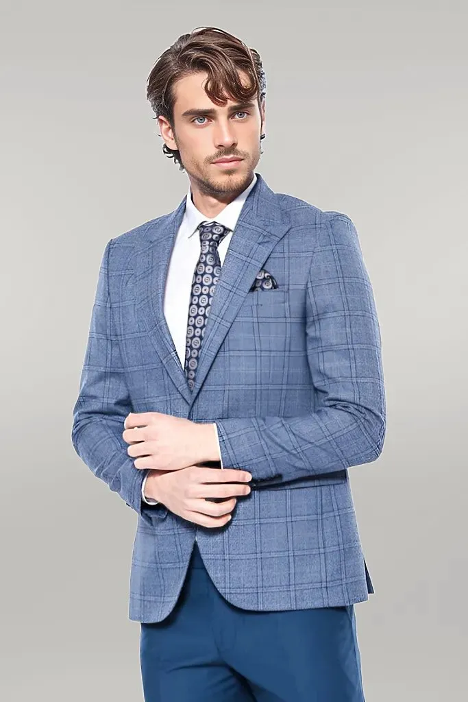 Checked Slim-Fit Single Button Blue Men Blazer - Wessi