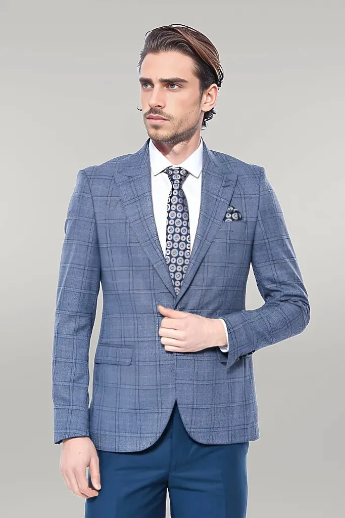 Checked Slim-Fit Single Button Blue Men Blazer - Wessi