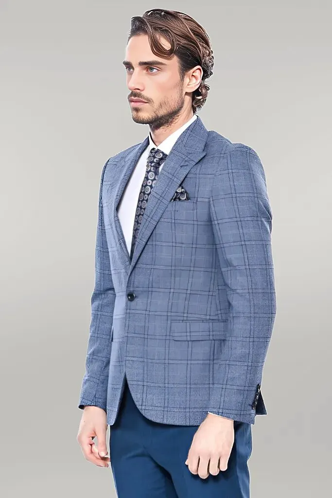 Checked Slim-Fit Single Button Blue Men Blazer - Wessi