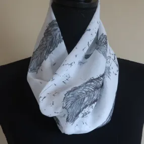 Chiffon Scarf - White with Black and Grey Feathers